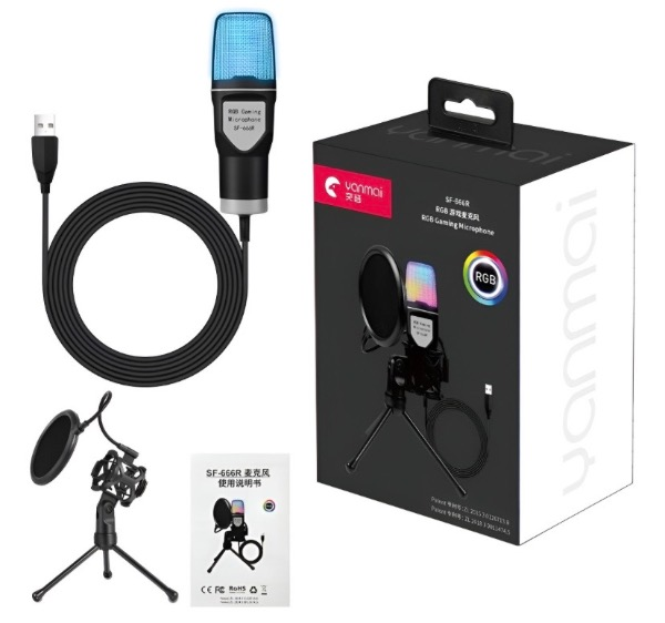 Micrófono Condensador USB RGB SF666R con Trípode y Filtro Antipop