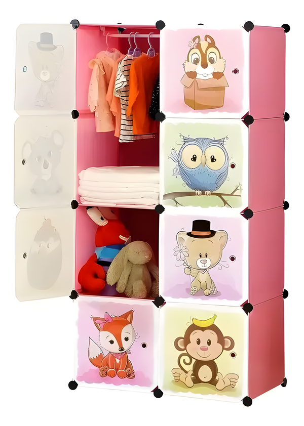 Armario Infantil Modular Rosa 8 Cubos con Diseños de Animales para Niñas